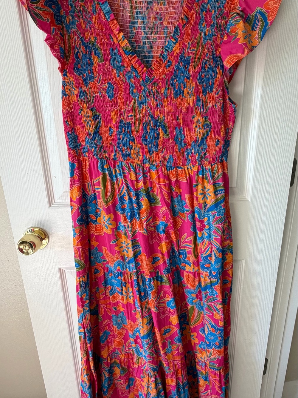 Sugarlips Hot Pink Floral Smocked maxi dress with pockets Blue & Orange Accents